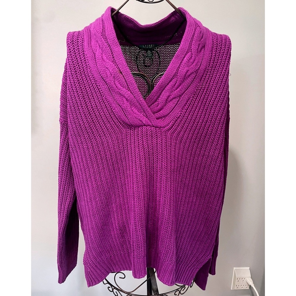 Ralph Lauren Purple Shawl Collar Cable Knit Sweater Womens Large 100% Cotton EUC